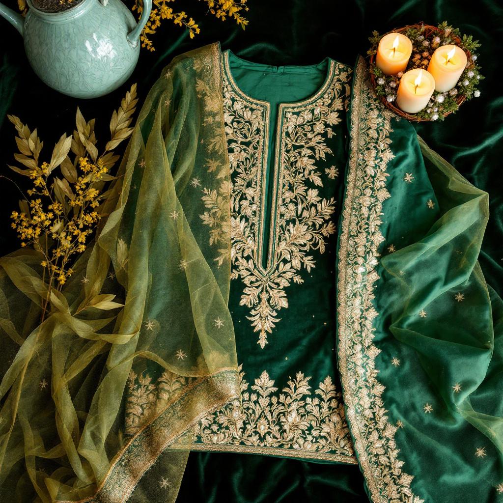 Emerald Gold Embroidered - Unstitched 3-piece suit by Parakh